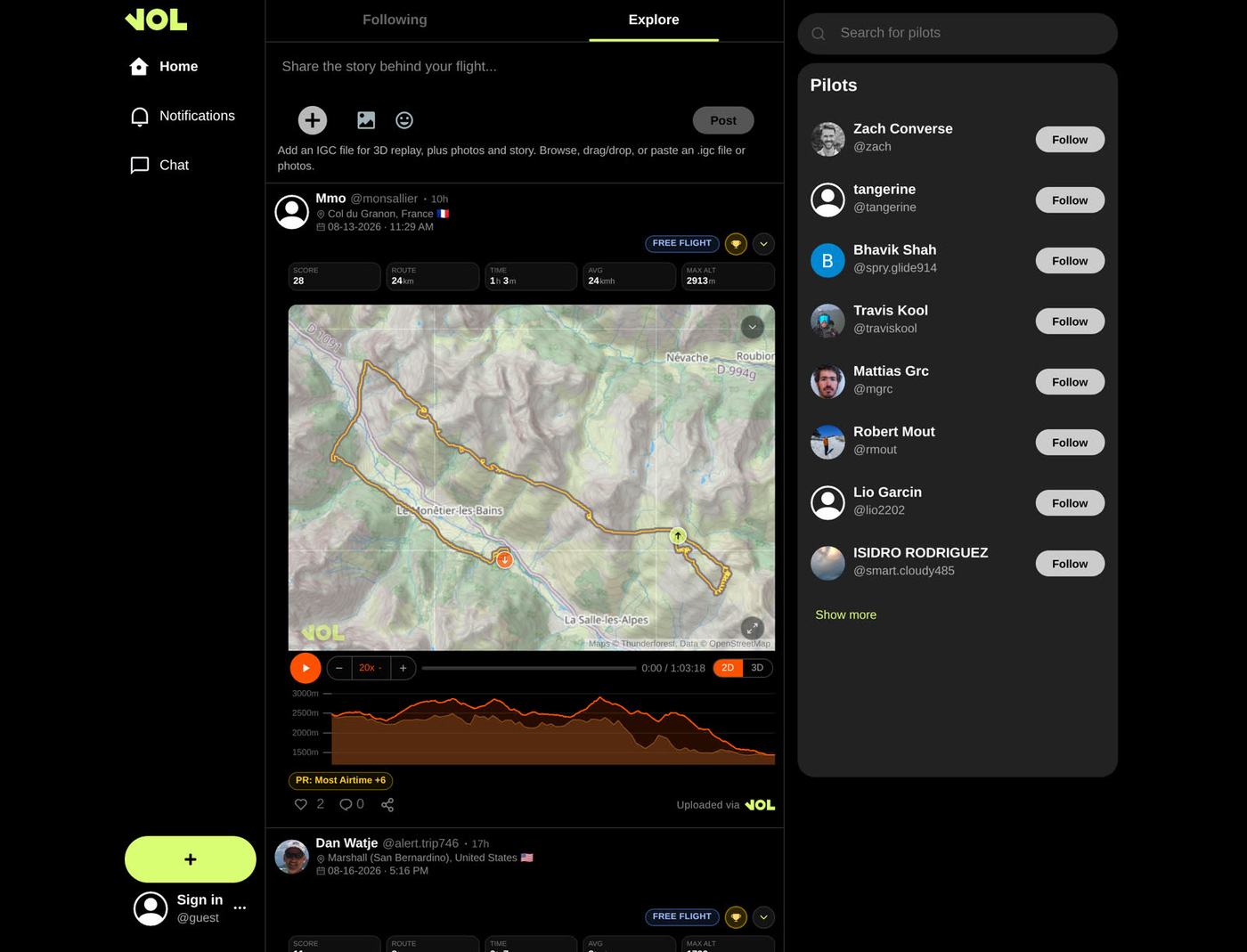The Vol explore feed, with a live flight post, map, and stats