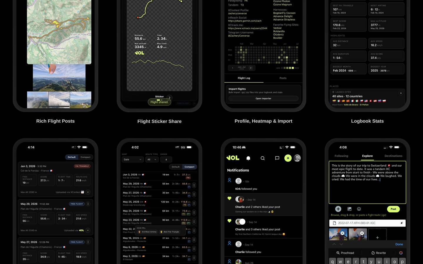 Vol mobile screens: a flight post, a share sticker, a pilot profile with heatmap, and logbook stats
